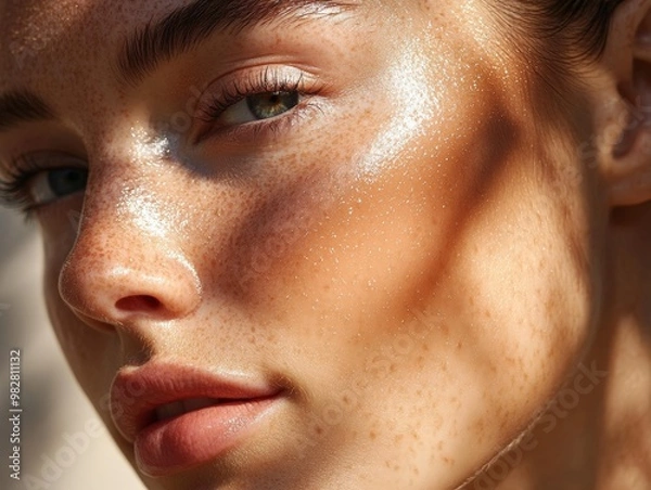 Fototapeta Close-up of a Woman's Face with Freckles and Sun-Kissed Skin, Applying Sheer Sunscreen, Sunlight Shimmering on Skin, Smooth and Healthy Complexion,  Beauty and Skin Care Concept