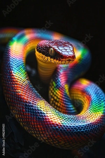 Fototapeta A vibrant and colorful snake with a striking pattern, showcasing hues of rainbow against a dark background.