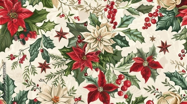 Fototapeta Christmas watercolor illustration, seamless botanical pattern of red Christmas star flowers, green leaves, fir and red berries on white background, for printing on fabric or wrapping paper