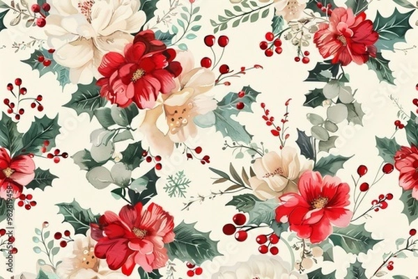 Fototapeta Christmas watercolor illustration, seamless botanical pattern of red and white flowers, green leaves, holly and red berries on white background, for printing on fabric or wrapping paper