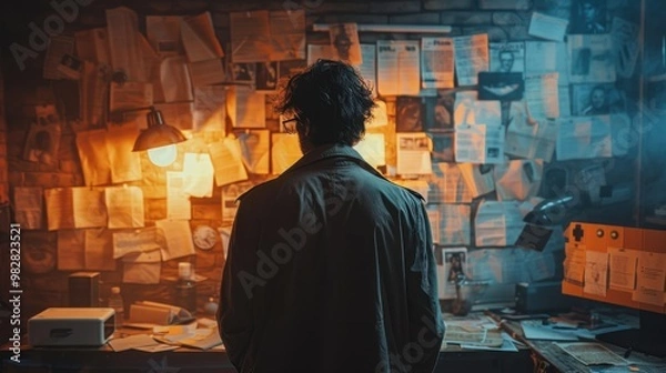 Fototapeta A highly realistic image of a person engaged in Setting up a scary escape room in the office The scene is well-lit, with natural light highlighting the details. The background is slightly blurred 