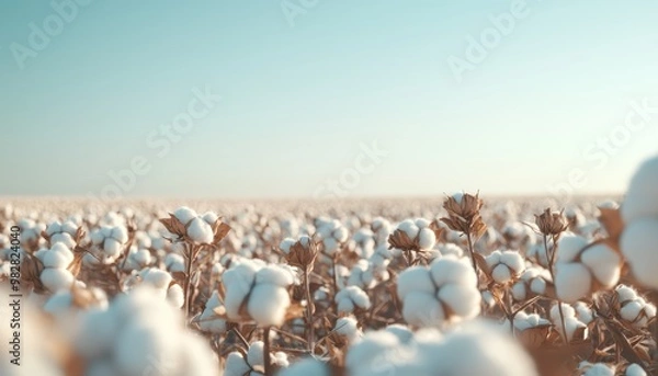 Fototapeta A field of GMO cotton plants under a clear sky, with cotton bolls appearing larger and more uniform, emphasizing the enhanced yield and engineered growth.
