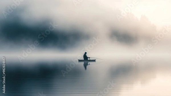 Obraz A solitary fisherman in a misty lake at dawn, creating a serene and tranquil atmosphere.