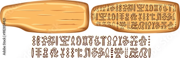 Obraz Undeciphered gryph Rongorongo on Easter island  or Rapa Nui. Isolated vector cartoon wooden panel. Undeciphered captions ancient peoples. Signboard with old texts. Gui elements for computer and board 