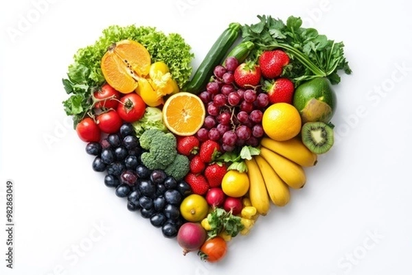 Fototapeta Fruits and vegetables concept, Fruits and vegetables in heart shape on white background, ai