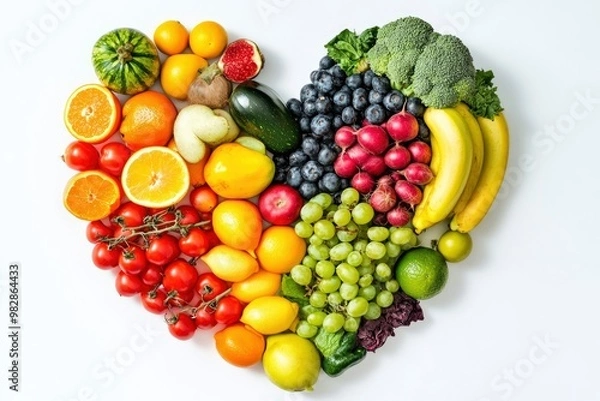 Fototapeta Fruits and vegetables concept, Fruits and vegetables in heart shape on white background, ai