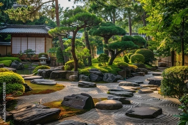 Fototapeta A serene Japanese rock garden ,A beautiful Japanese garden adorned with rocks and diverse plants, illustrating a perfect blend of nature and design.