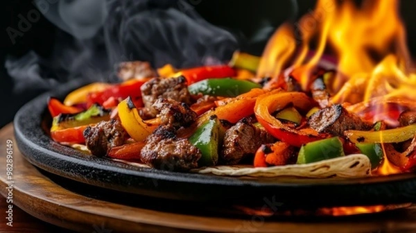 Fototapeta Close-up of sizzling fajitas with grilled vegetables on a hot skillet, emitting flames and steam, creating a mouth-watering visual experience.