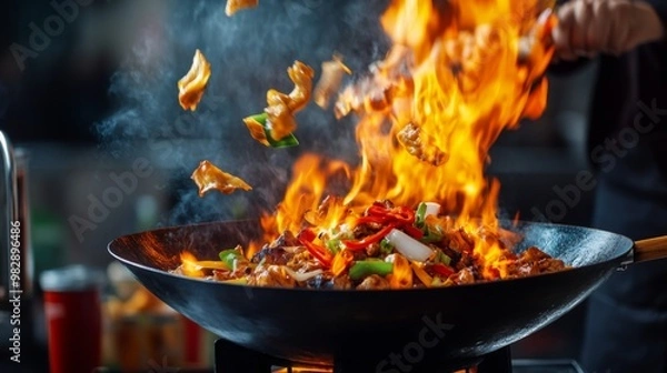 Fototapeta Dramatic action shot of a wok stir-frying vegetables and chicken with high flames rising, in a professional kitchen setting.