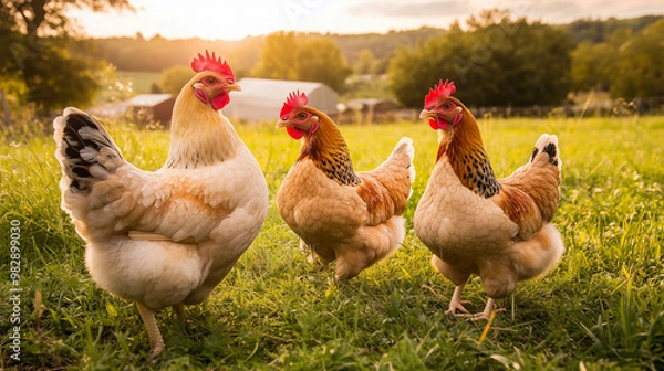 Fototapeta Chickens Roaming on Grass with Farmhouse in Distance
