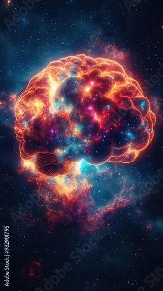 Fototapeta Incorporate an aerial view genre, a human brain-shaped nebula glowing with multicolored hues, depicting the vast human imagination in photorealistic style