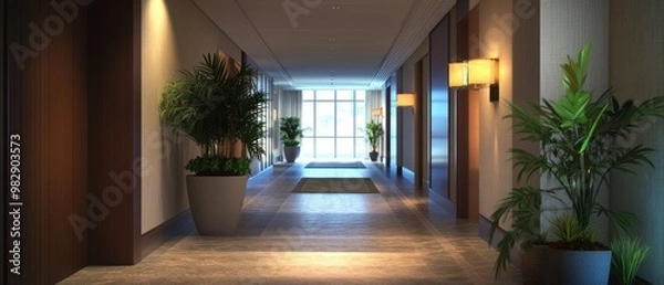 Obraz Modern Hotel Corridor with Greenery and Natural Light