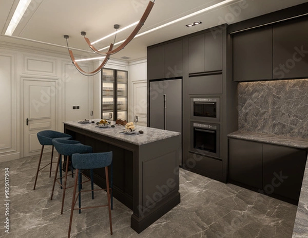 Fototapeta 3D Rendering interior of the kitchen was designed as a combination of classic modern and glamour styles. Grey decorative fronts of cabinets harmonize with black marble.