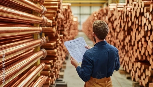 Obraz Worker inspecting copper pipe inventory in warehouse