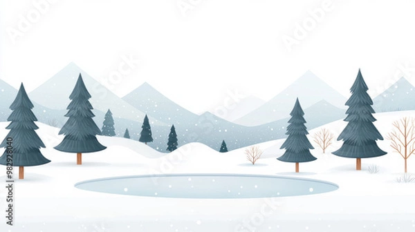 Fototapeta A serene winter landscape featuring snow covered trees surrounding frozen lake, with gentle snowfall adding to tranquil atmosphere