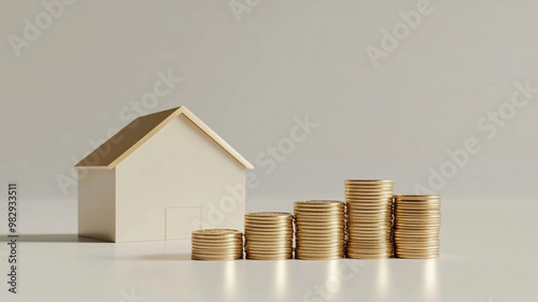 Fototapeta a house model with a golden coins stack