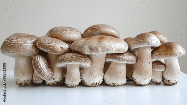 Obraz A group of shiitake mushrooms arranged on a white surface, showcasing their thick stems and large, round caps with earthy tones.