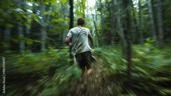 Fototapeta A man is sprinting through a forest, blurred in the natural setting, exuding urgency and energy in the wild landscape