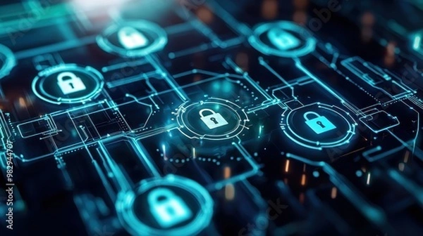 Fototapeta Digital security network with padlocks.