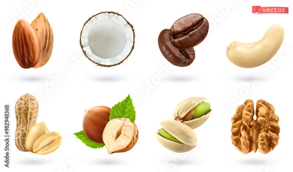 Fototapeta Nuts and grains, high quality 3d realistic vector set
