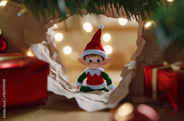 Obraz Elf looking thru torn wallpaper hole, copy paste banner, Christmas theme