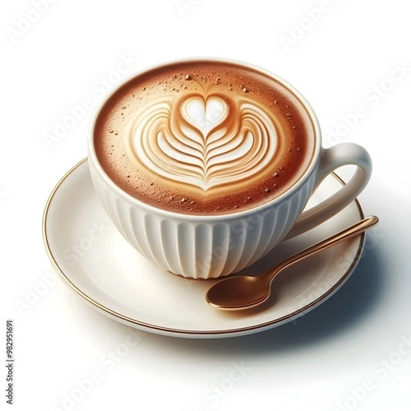 Fototapeta Elegant Cappuccino with Heart-Shaped Latte Art in a White Porcelain Cup on Saucer