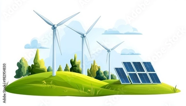 Fototapeta A rolling green landscape with wind turbines and solar panels working in harmony, representing the balance between technology and nature.