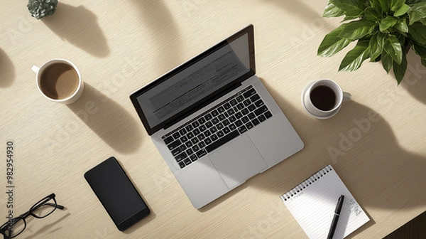 Fototapeta Modern home office desk setup with laptop, coffee, smartphone, glasses, notepad, and potted plant