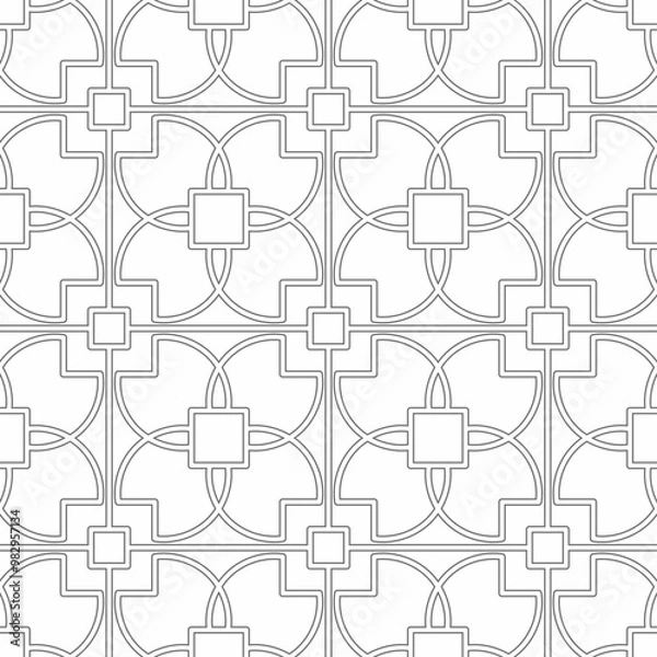Fototapeta Seamless geometric pattern with a mix of modern and classic elements, consisting of connected square shapes and curved lines. Suitable for various creative projects or decorative elements.