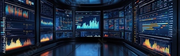 Obraz A business intelligence analyst reviews dynamic big data visualizations on multiple screens