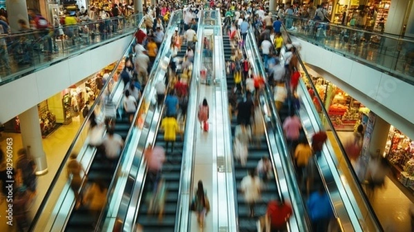 Obraz Busy Shopping Mall with Crowded Escalators