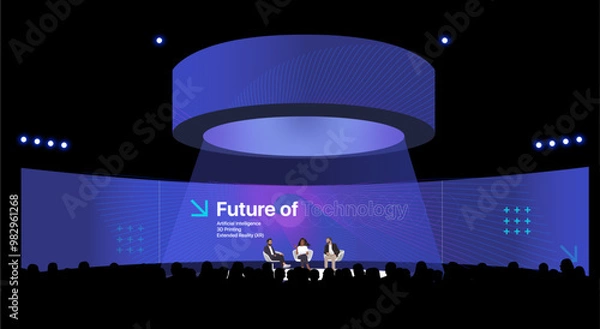 Fototapeta Modern Tech Conference Scene, Big Screens, Event Stage, Speaker Podium