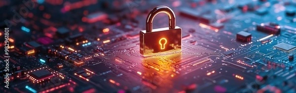 Fototapeta A digital concept featuring a padlock on a circuit board emphasizing data privacy and security