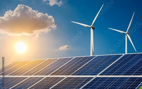 Fototapeta Solar panels and wind turbines on a sunlit hill, representing the shift towards clean energy and reduced environmental impact, green energy concept