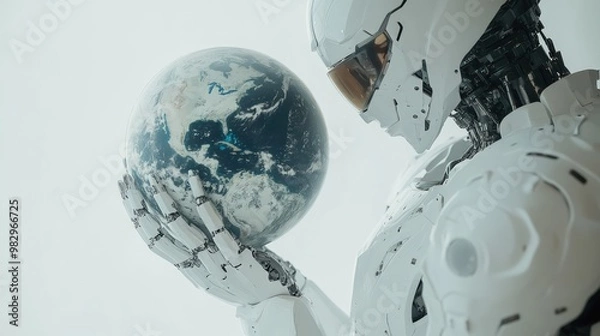 Fototapeta A white humanoid robot in a white helmet holds a blue and green globe of the Earth.