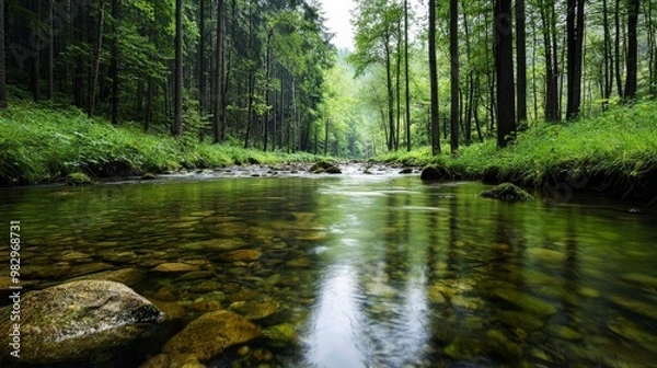 Fototapeta A stream flowing gently through a lush, green forest, its waters crystal clear and reflective of the surrounding trees