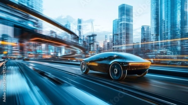 Fototapeta A futuristic car speeds through a modern cityscape, showcasing vibrant lights and advanced architecture, embodying innovation and technology.