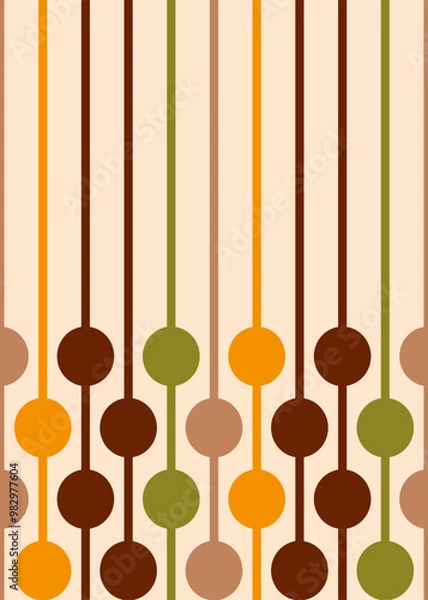 Fototapeta Retro 70s asymmetric hanging circles brown orange Vector Pattern. Midcentury modern style asymmetric retro circles seamless pattern in autumn colors: orange yellow, moss green, brown, cream.