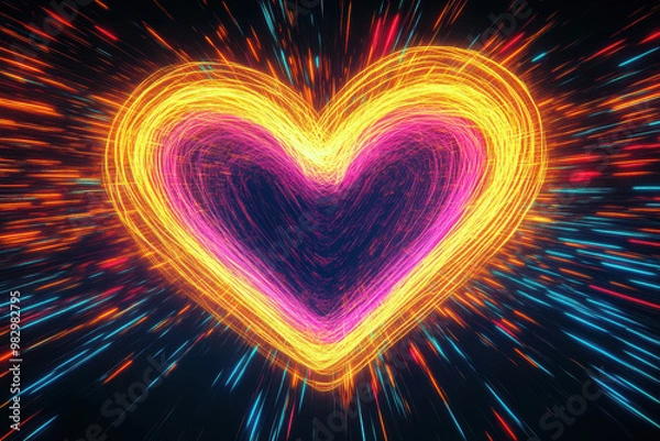 Fototapeta Radiant neon heart with abstract light trails