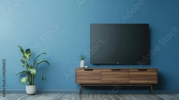 Fototapeta Modern Living Room Interior with TV Cabinet and Wooden Shelf on Blue Wall