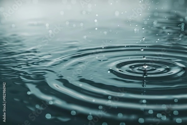 Fototapeta A close-up view of water droplets creating ripples in calm water, showcasing the beauty of nature and tranquility.