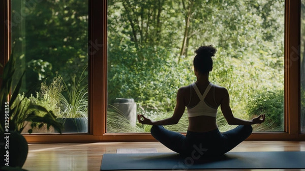 Obraz Black Woman Meditating Indoors with Nature View, Surrounded by Plants