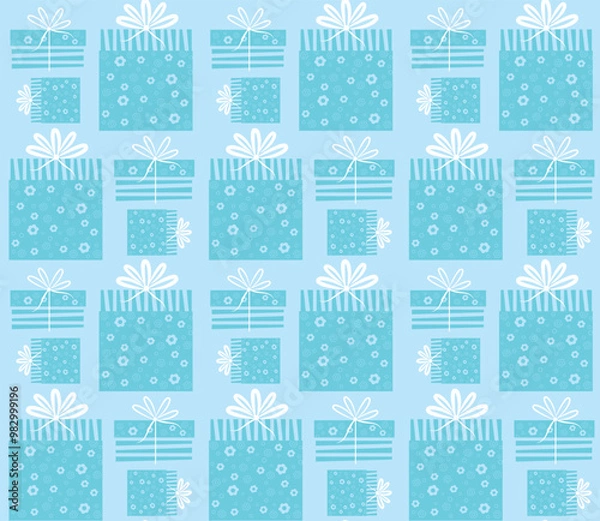 Obraz Flat illustration of gift boxes, cute bows, vector pattern, blue background