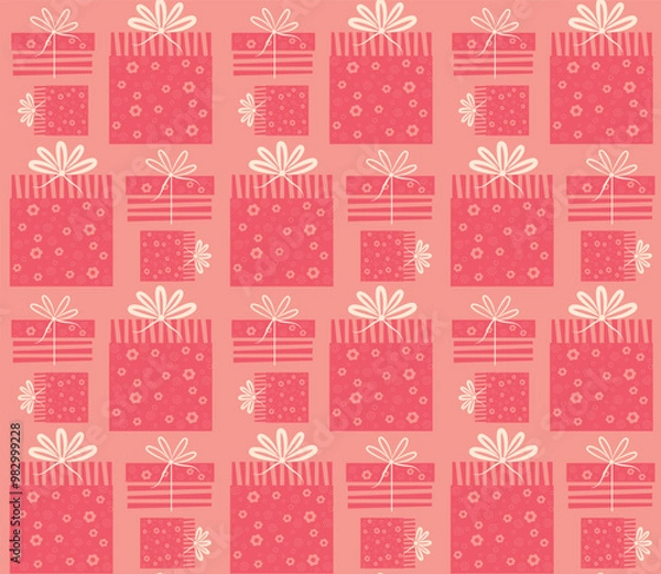 Fototapeta Flat illustration of gift boxes, cute bows, vector pattern, red background