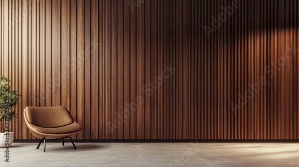 Obraz The interior features a seamless acoustic panel wall with rich brown wood grain, complemented by a stylish chair and potted plant, enhancing the warm atmosphere