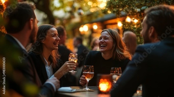 Obraz A group of colleagues shares laughter and clinks their glasses at an outdoor terrace bar, enjoying a pleasant evening filled with conversation and camaraderie