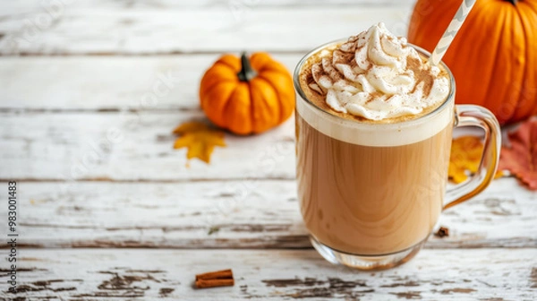 Fototapeta Close-up of glass mug of pumpkin spice latte with whipped cream and cinnamon on rustic wooden table. Concept of cozy autumn beverages and seasonal comfort.