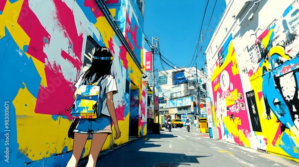 Fototapeta Anime Girl Walking Down Graffiti-Covered Street Illustration
