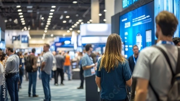 Obraz A vibrant tech expo buzzes with activity as attendees engage near information booths, exploring banners and displays showcasing the latest innovations