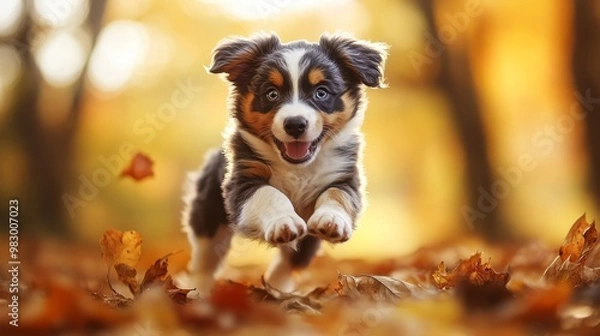 Fototapeta A tiny Australian Shepherd puppy frolics in vibrant autumn foliage.